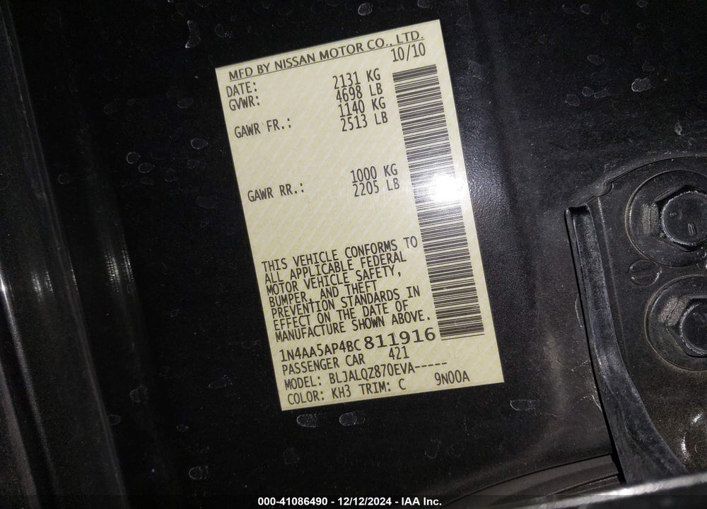 2011 NISSAN MAXIMA VIN: 1N4AA5AP4BC811916