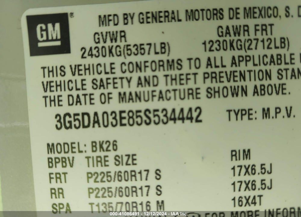 2005 BUICK RENDEZVOUS CX VIN: 3G5DA03E85S534442