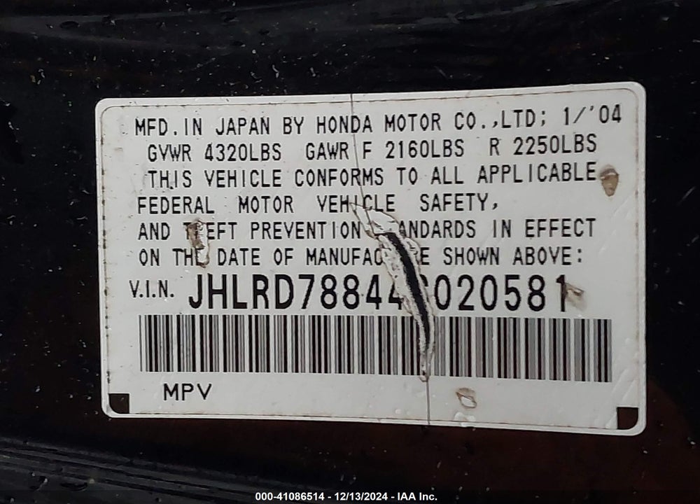 2004 HONDA CR-V EX VIN: JHLRD78844C020581