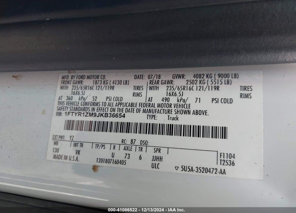 2018 FORD TRANSIT-250 VIN: 1FTYR1ZM9JKB36654