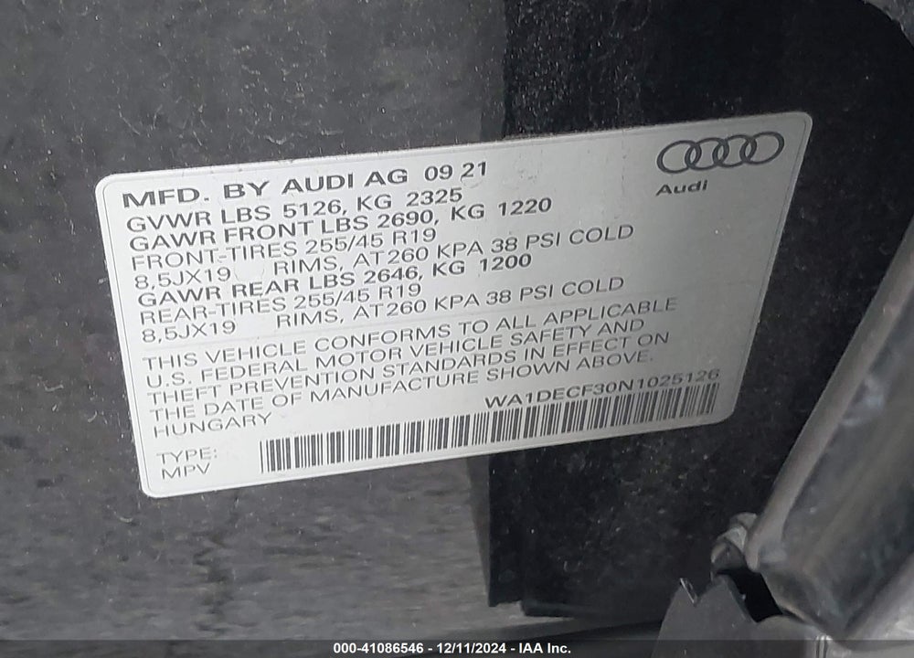 2022 AUDI Q3 PREMIUM 45 TFSI S LINE QUATTRO TIPTRONIC VIN: WA1DECF30N1025126