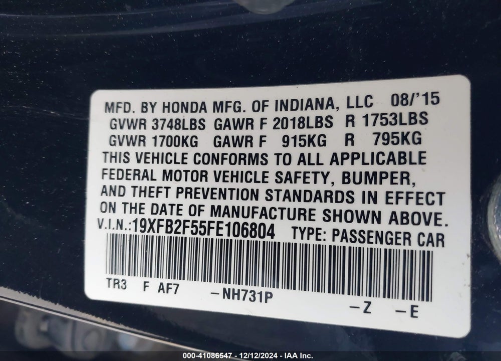2015 HONDA CIVIC LX VIN: 19XFB2F55FE106804