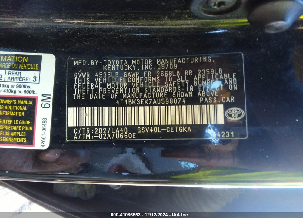 2010 TOYOTA CAMRY XLE V6 VIN: 4T1BK3EK7AU598074
