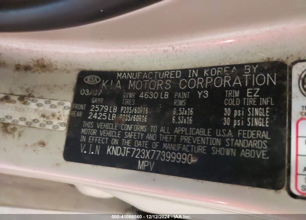 2007 KIA SPORTAGE EX V6 VIN: KNDJF723X77399990