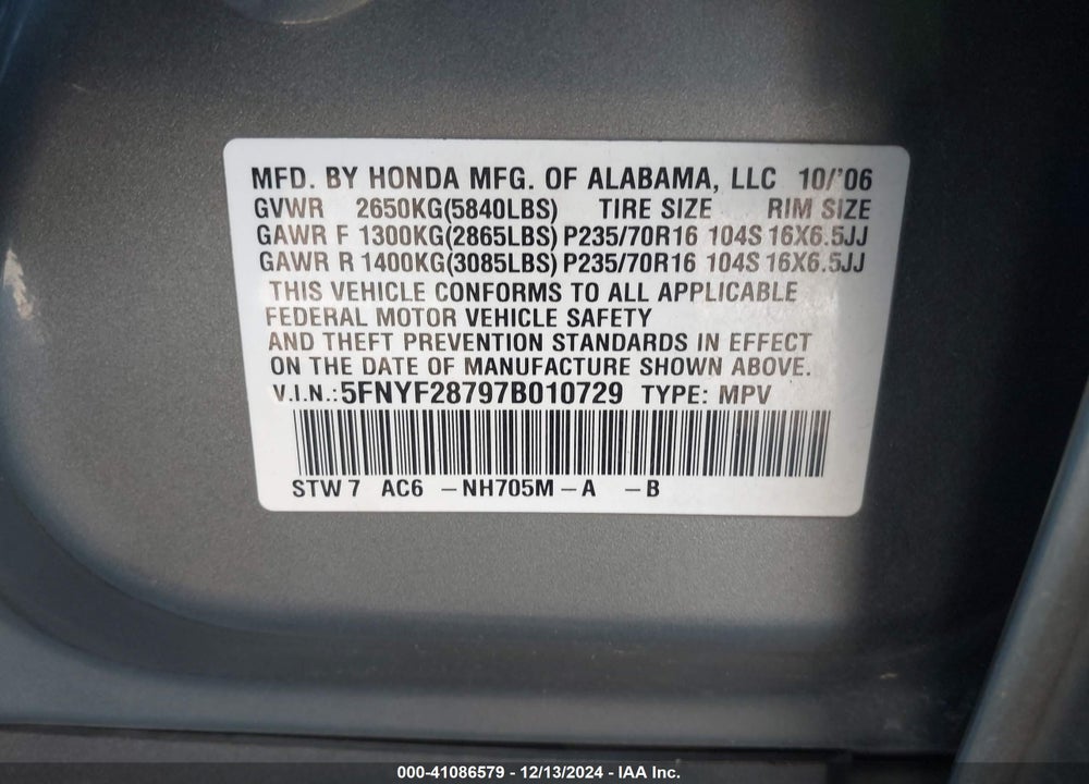 2007 HONDA PILOT EX-L VIN: 5FNYF28797B010729
