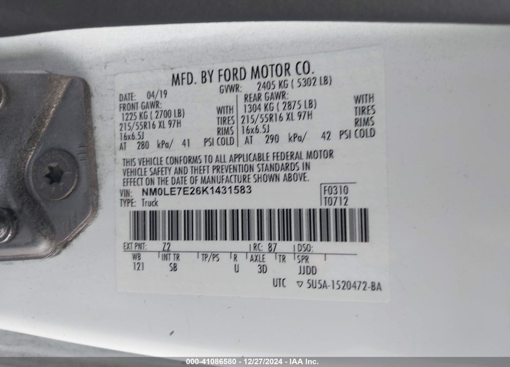 2019 FORD TRANSIT CONNECT XL VIN: NM0LE7E26K1431583
