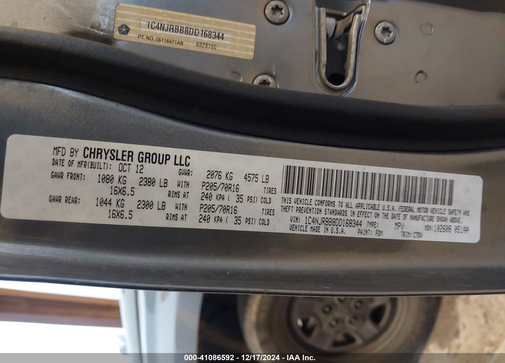 2013 JEEP PATRIOT SPORT VIN: 1C4NJRBB8DD168344