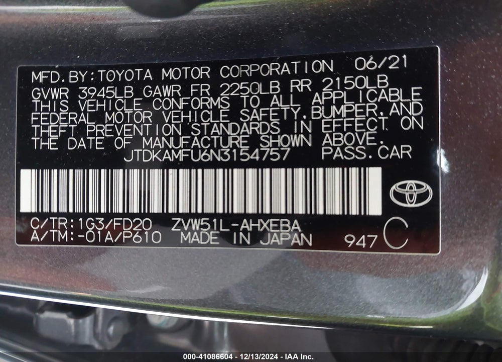 2022 TOYOTA PRIUS LE VIN: JTDKAMFU6N3154757
