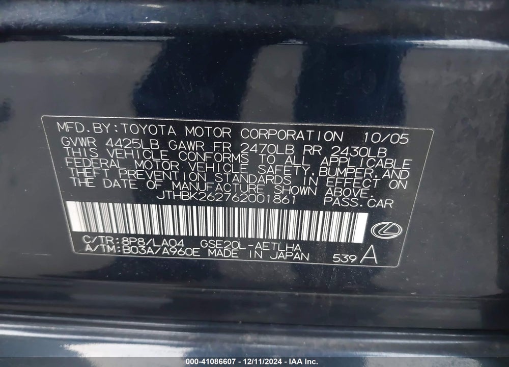 2006 LEXUS IS 250 VIN: JTHBK262762001861