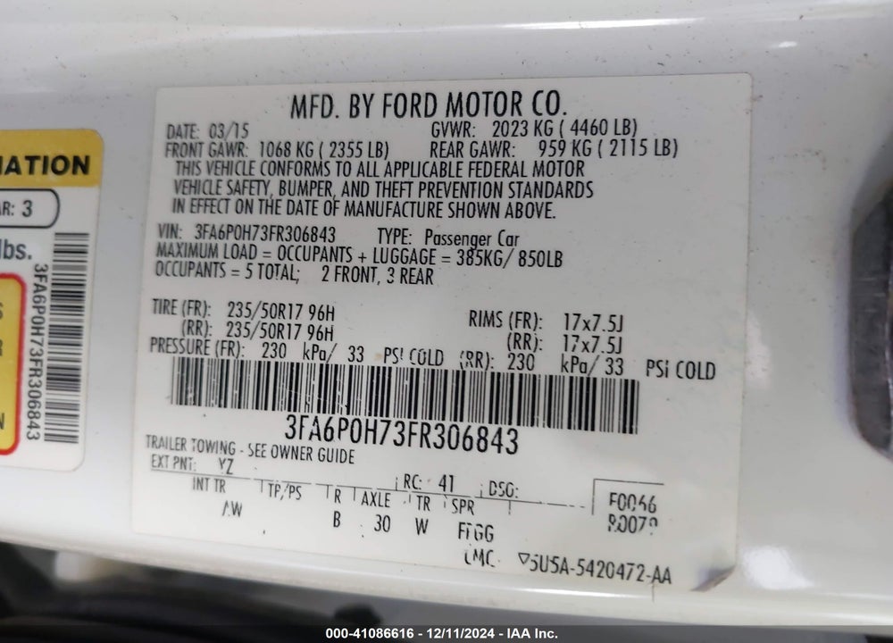2015 FORD FUSION SE VIN: 3FA6P0H73FR306843