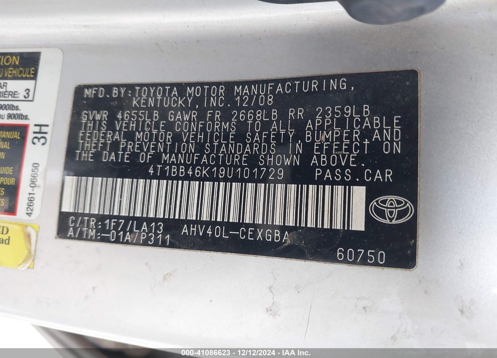 2009 TOYOTA CAMRY HYBRID VIN: 4T1BB46K19U101729