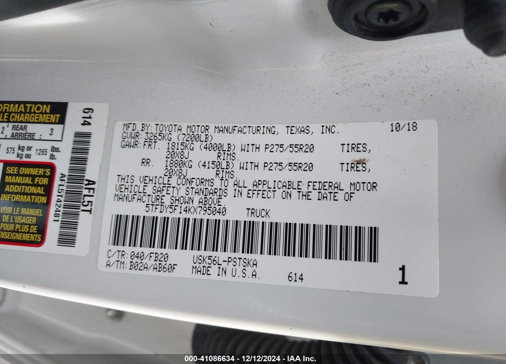 2019 TOYOTA TUNDRA SR5 5.7L V8 VIN: 5TFDY5F14KX795040