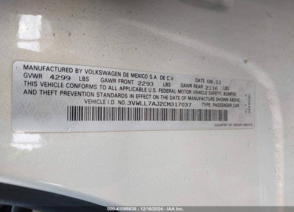 2012 VOLKSWAGEN JETTA 2.0L TDI VIN: 3VWLL7AJ2CM317037