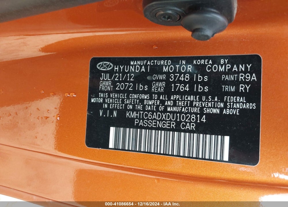 2013 HYUNDAI VELOSTER BASE W/BLACK VIN: KMHTC6ADXDU102814