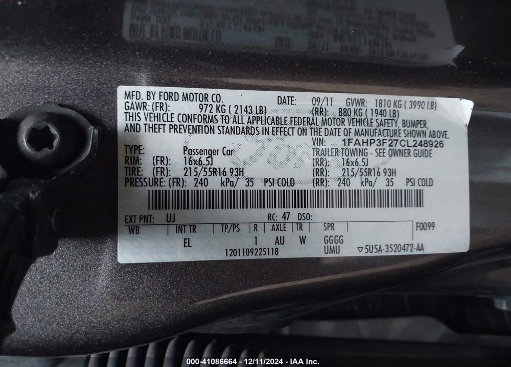 2012 FORD FOCUS SE VIN: 1FAHP3F27CL248926