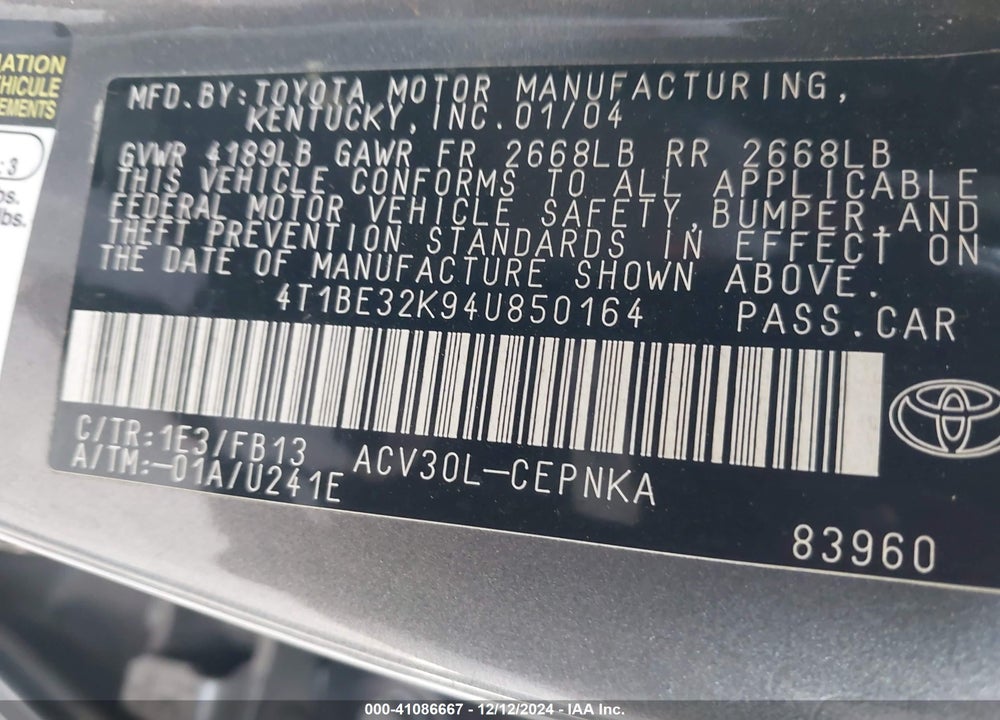 2004 TOYOTA CAMRY LE VIN: 4T1BE32K94U850164