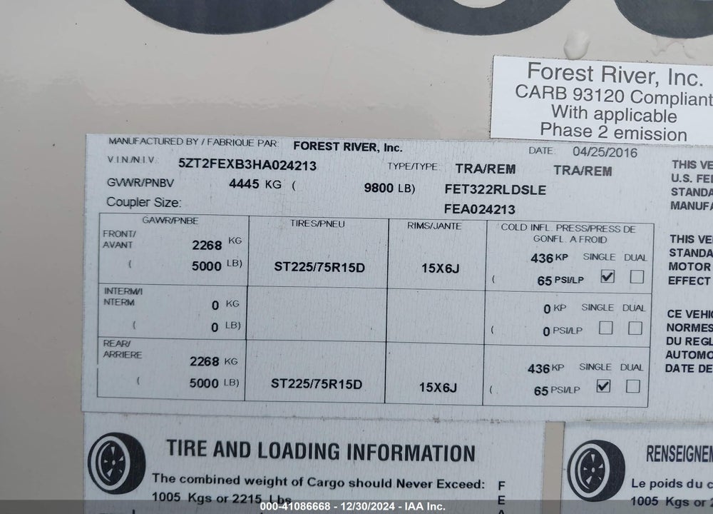 2017 COACHMEN FREEDOM 322 RLDS VIN: 5ZT2FEXB3HA024213