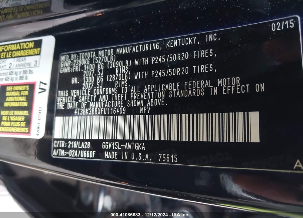 2015 TOYOTA VENZA LIMITED V6 VIN: 4T3BK3BBXFU116409