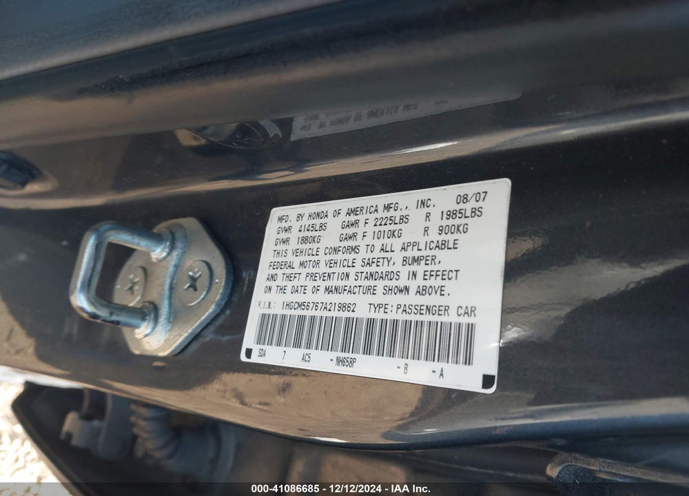 2007 HONDA ACCORD VIN: 1HGCM56767A219862