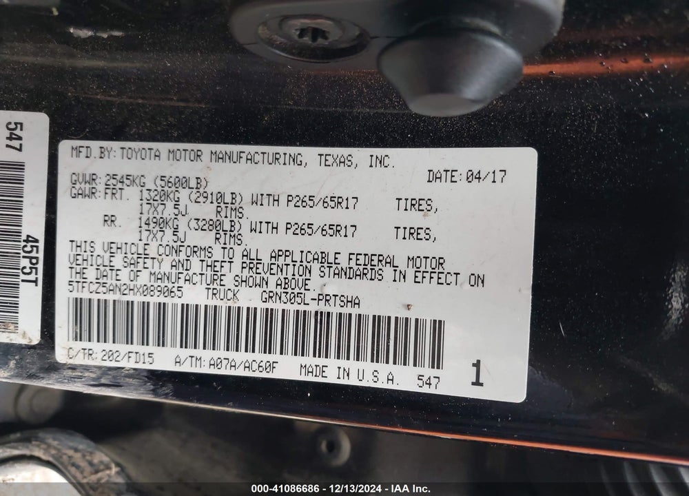 2017 TOYOTA TACOMA VIN: 5TFCZ5AN2HX089065