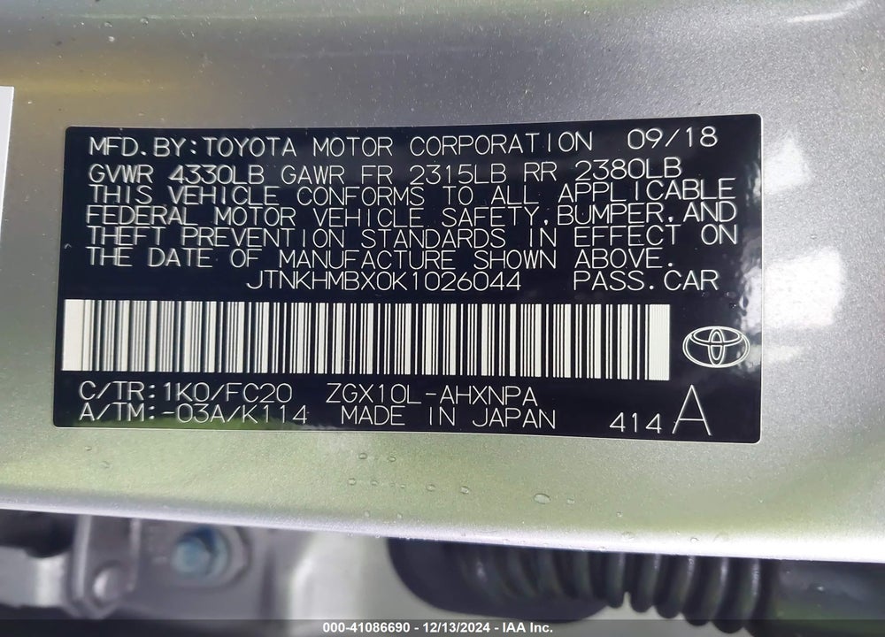 2019 TOYOTA C-HR LE VIN: JTNKHMBX0K1026044