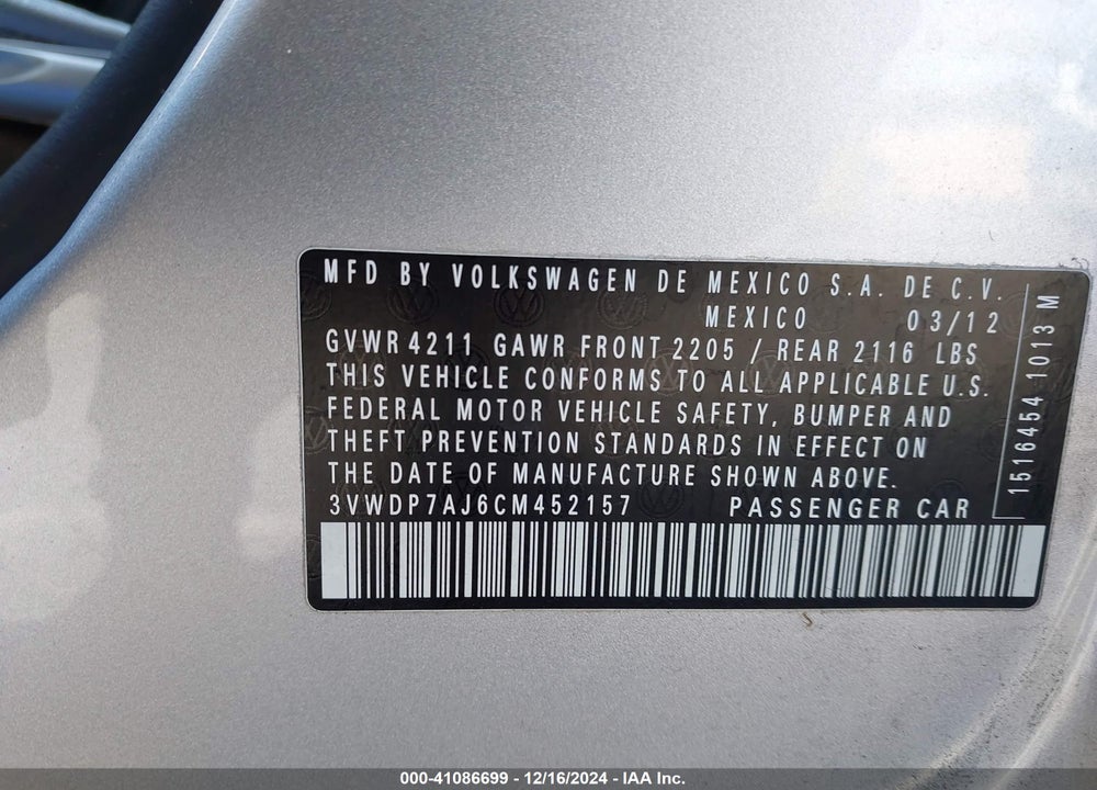 2012 VOLKSWAGEN JETTA 2.5L SE VIN: 3VWDP7AJ6CM452157