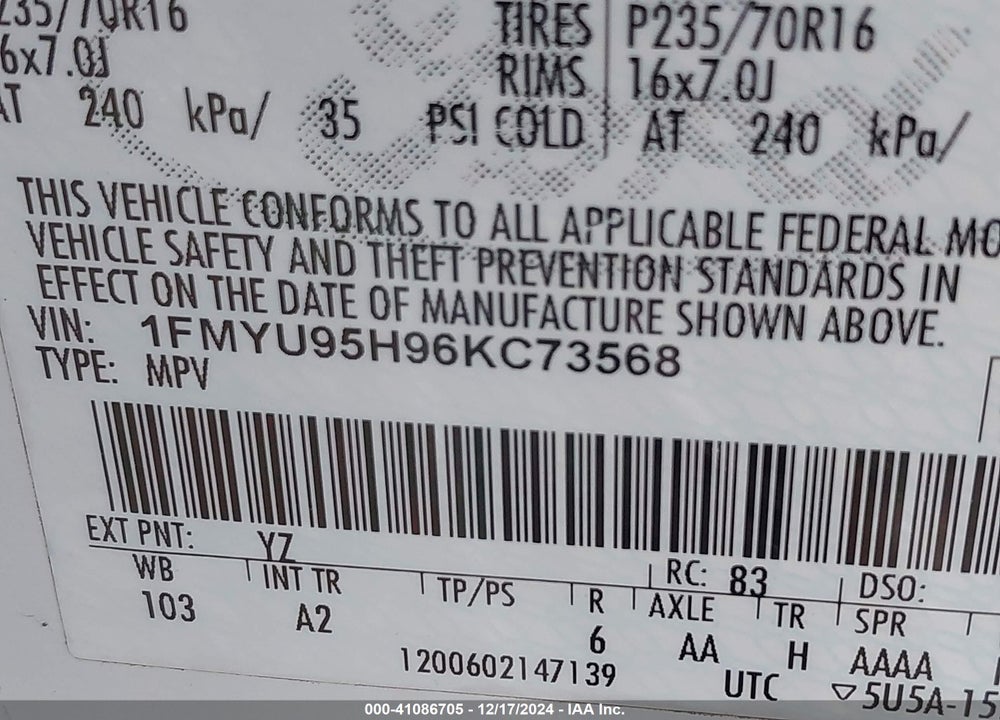 2006 FORD ESCAPE HYBRID VIN: 1FMYU95H96KC73568
