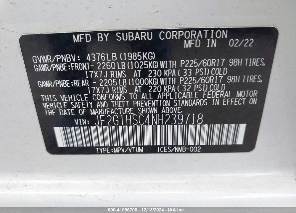 2022 SUBARU CROSSTREK SPORT VIN: JF2GTHSC4NH239718