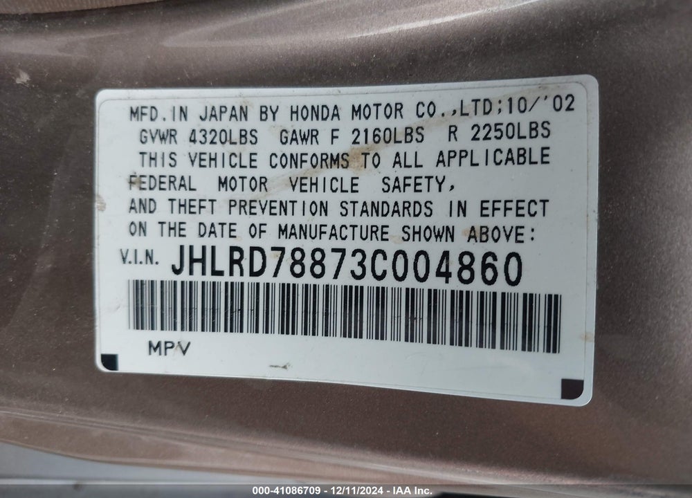 2003 HONDA CR-V EX VIN: JHLRD78873C004860