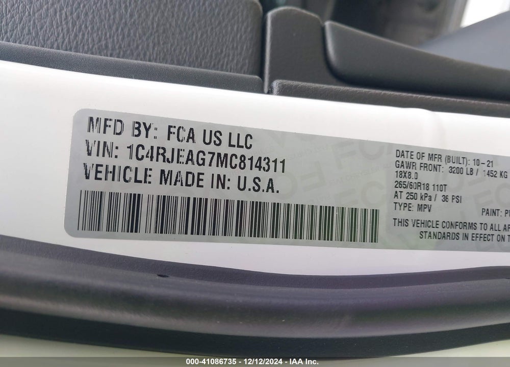 2021 JEEP GRAND CHEROKEE LAREDO X 4X2 VIN: 1C4RJEAG7MC814311
