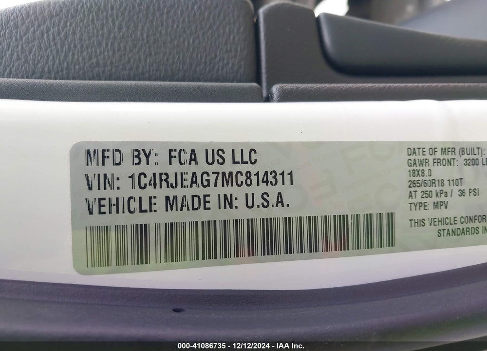 2021 JEEP GRAND CHEROKEE LAREDO X 4X2 VIN: 1C4RJEAG7MC814311