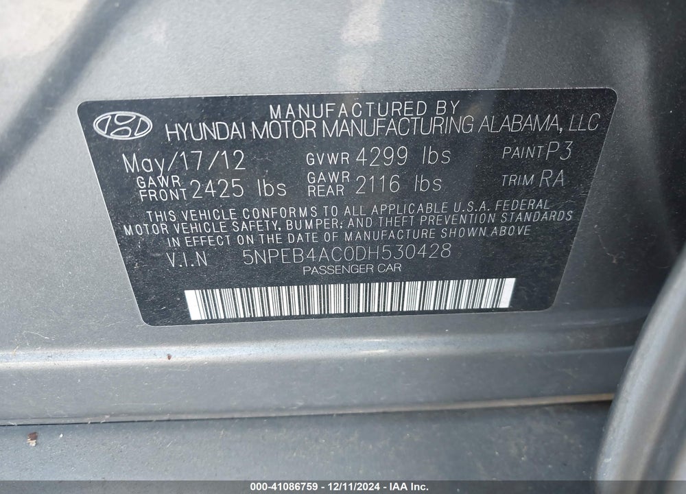 2013 HYUNDAI SONATA GLS VIN: 5NPEB4AC0DH530428