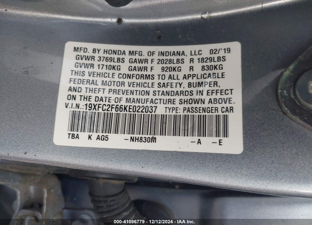 2019 HONDA CIVIC LX VIN: 19XFC2F66KE022037
