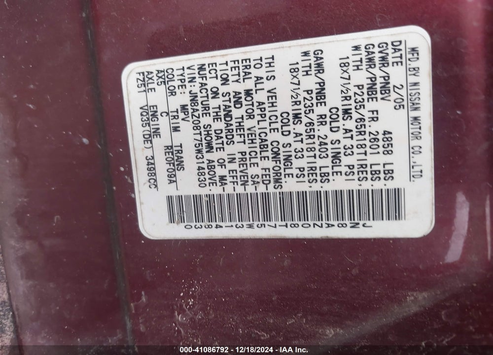 2005 NISSAN MURANO S VIN: JN8AZ08T75W314830