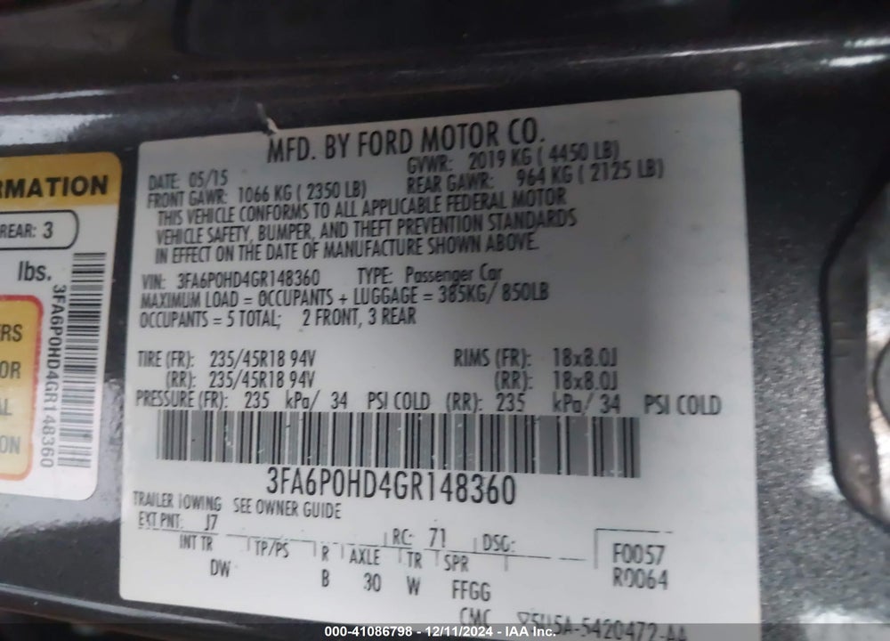 2016 FORD FUSION SE VIN: 3FA6P0HD4GR148360