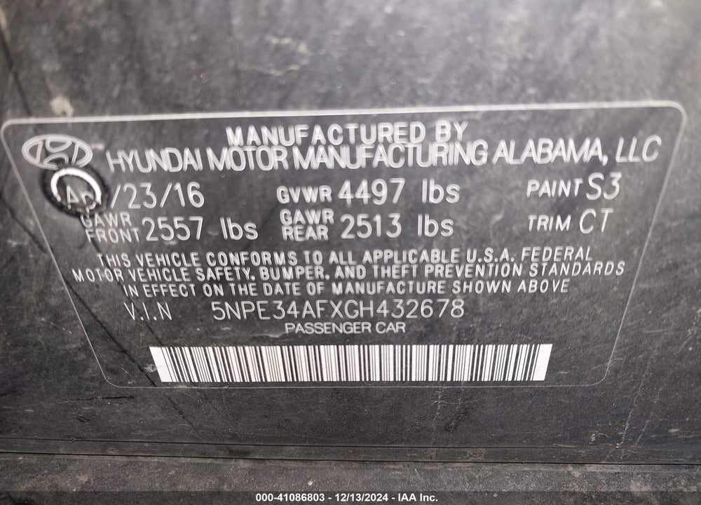 2016 HYUNDAI SONATA SPORT VIN: 5NPE34AFXGH432678