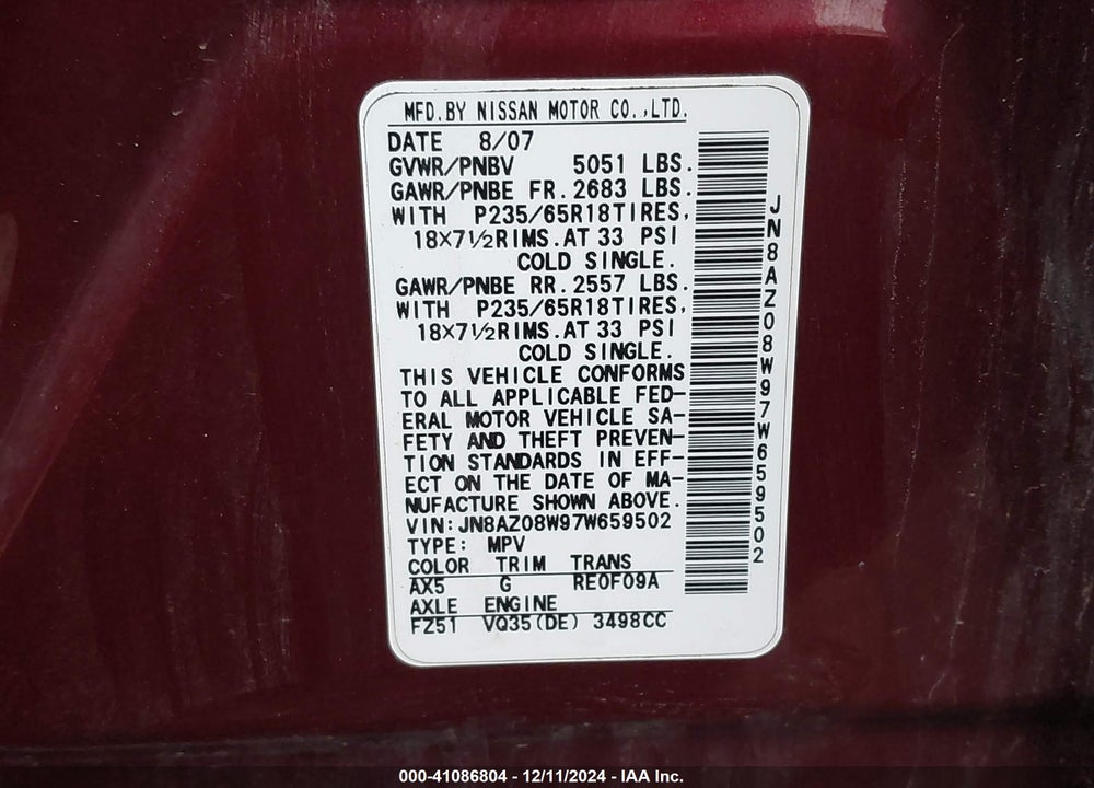 2007 NISSAN MURANO S VIN: JN8AZ08W97W659502