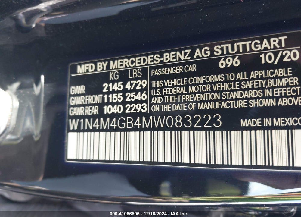 2021 MERCEDES-BENZ GLB 250 VIN: W1N4M4GB4MW083223