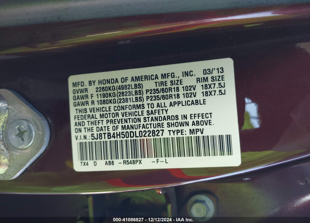 2013 ACURA RDX VIN: 5J8TB4H50DL022827
