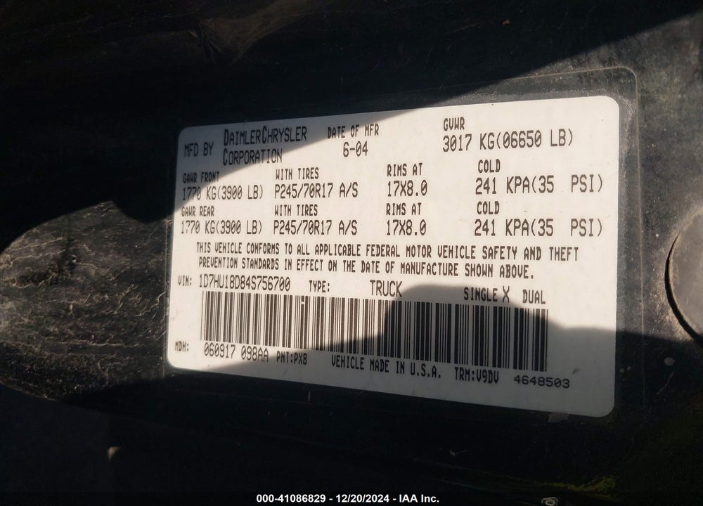 2004 DODGE RAM 1500 SLT/LARAMIE VIN: 1D7HU18D84S756700