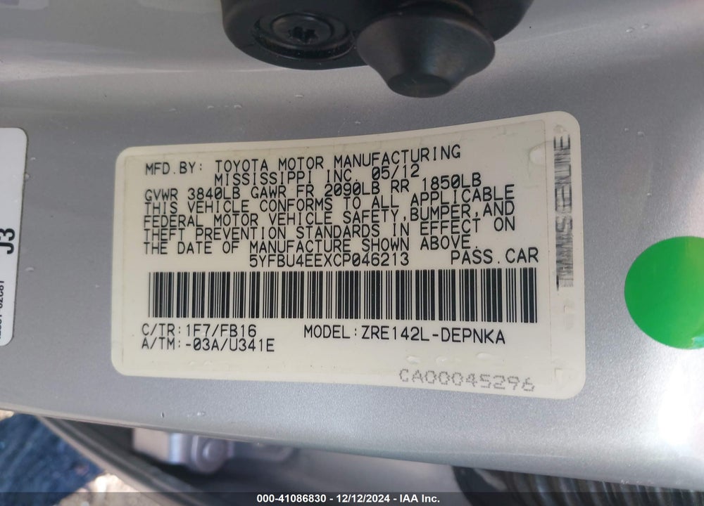2012 TOYOTA COROLLA VIN: 5YFBU4EEXCP046213