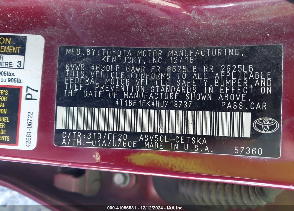 2017 TOYOTA CAMRY SE VIN: 4T1BF1FK4HU718737