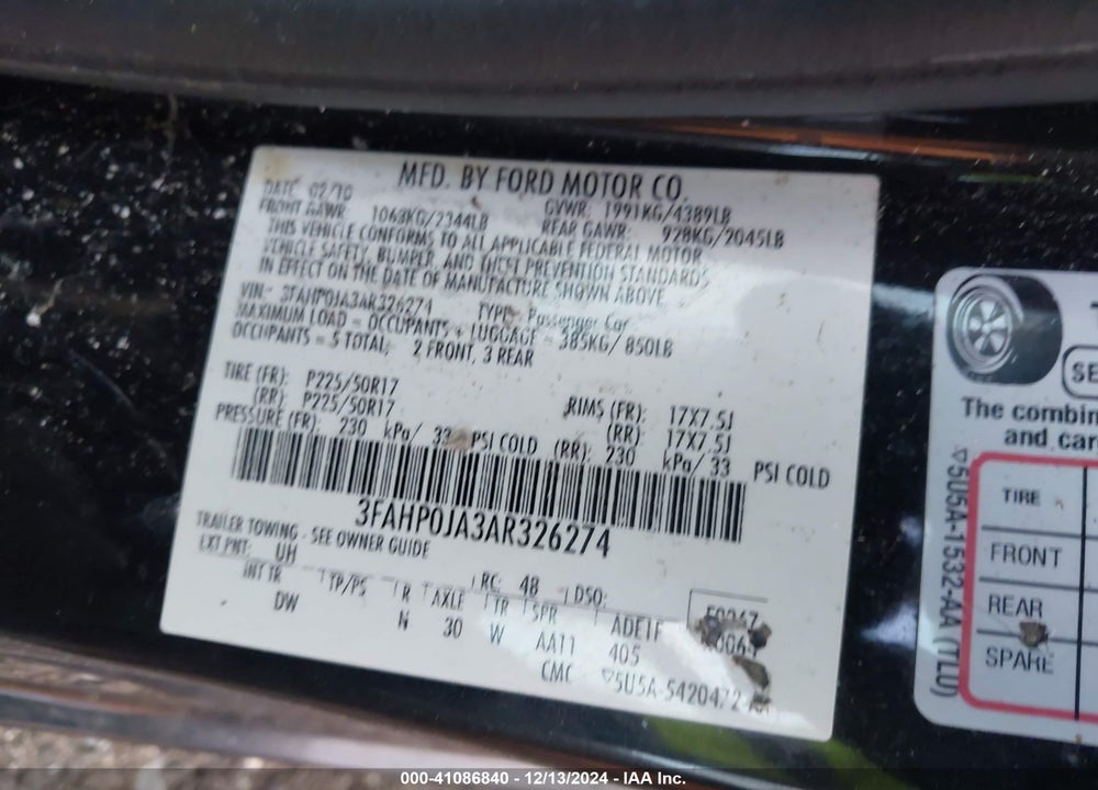 2010 FORD FUSION SEL VIN: 3FAHP0JA3AR326274