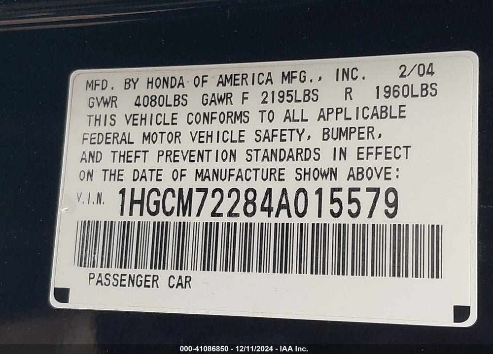 2004 HONDA ACCORD 2.4 LX VIN: 1HGCM72284A015579