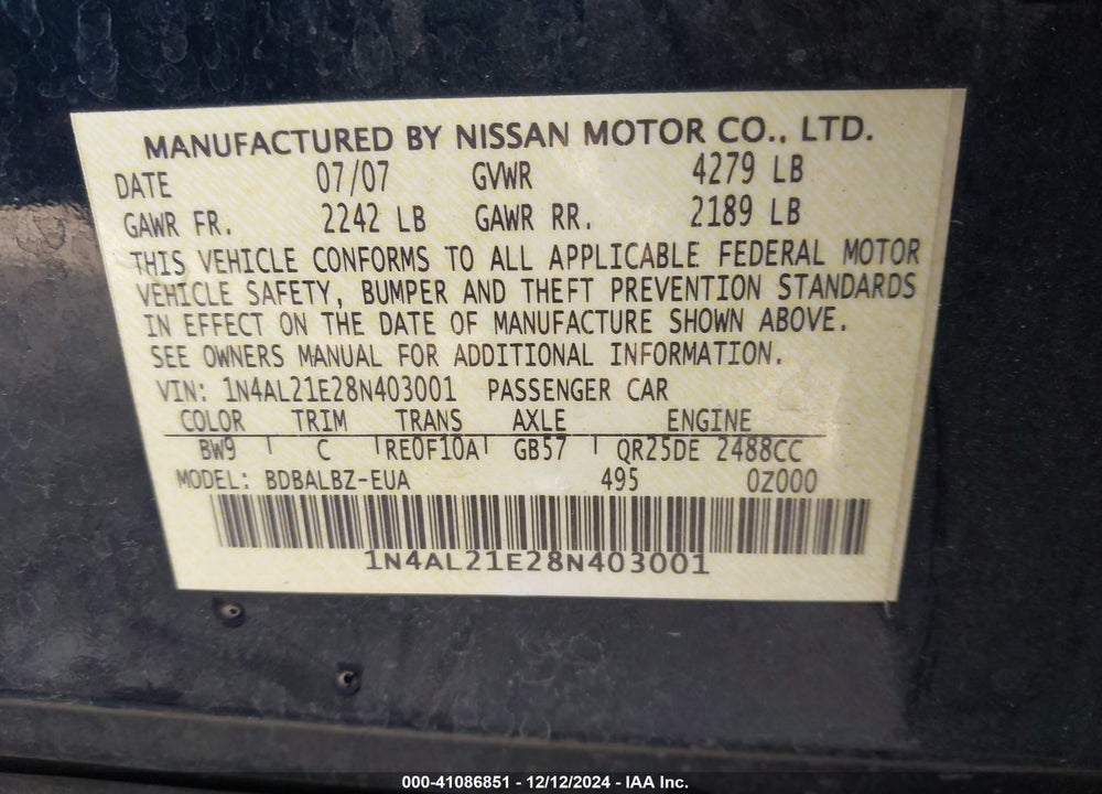 2008 NISSAN ALTIMA 2.5 S VIN: 1N4AL21E28N403001