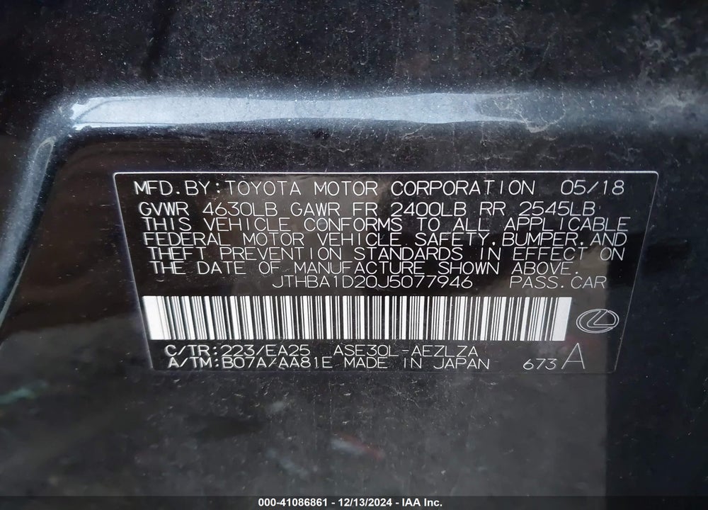 2018 LEXUS IS VIN: JTHBA1D20J5077946