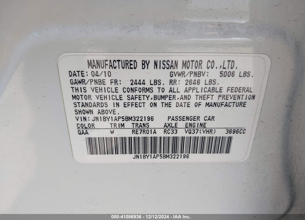 2011 INFINITI M37 VIN: JN1BY1AP5BM322196