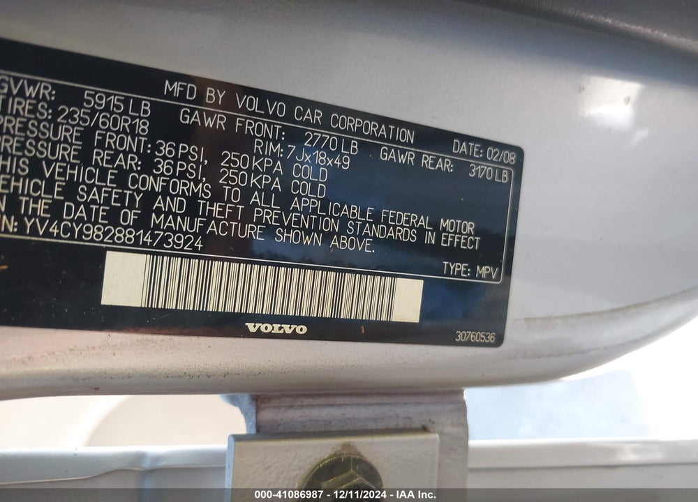 2008 VOLVO XC90 3.2 VIN: YV4CY982881473924