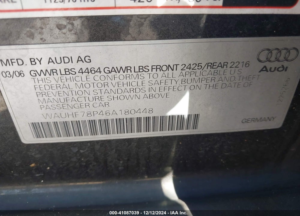2006 AUDI A3 2.0T VIN: WAUHF78P46A180448