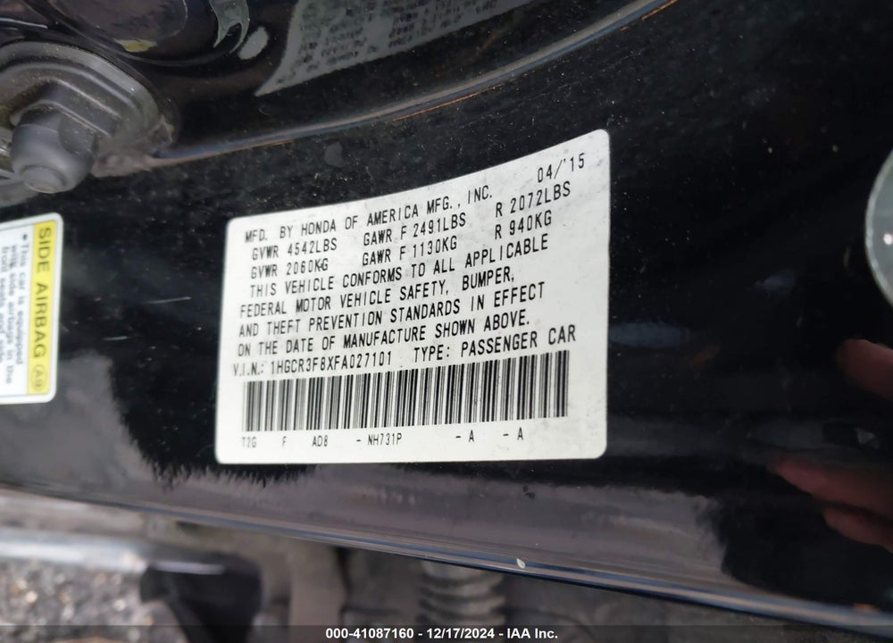 2015 HONDA ACCORD EX-L V-6 VIN: 1HGCR3F8XFA027101